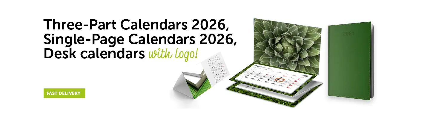 Three-Part Calendars 2026, Single-Page Calendars 2026, Desk calendars with logo!